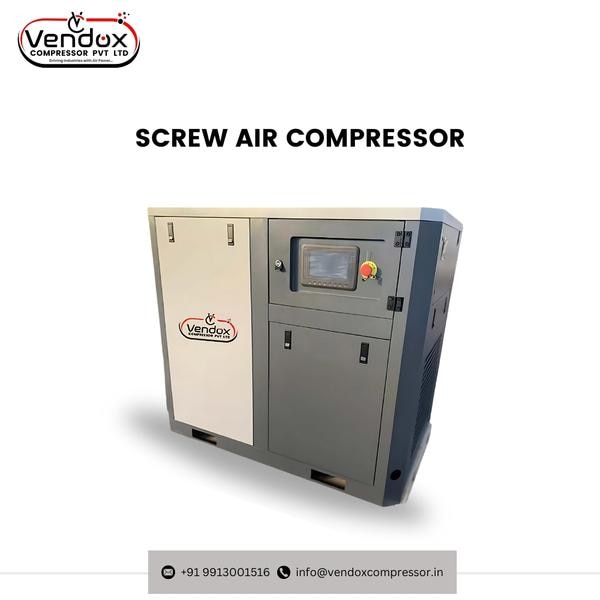 Best Screw Air Compressor Manufacturer in India.In the world of modern industry, where reliability and energy efficiency are essential, Vendox Compressor Private Limited leads the way. As one of the Top Screw Air Compressor Manufacturers & Suppliers in Gujarat, we provide high-performance, low-maintenance air compressors engineered for maximum durability and operational excellence.Our Screw Air Compressor range is designed to deliver consistent airflow, superior energy savings, and minimal noise—making us the Best Screw Air Compressor Manufacturers & Suppliers in Ahmedabad and beyond.Key Features & BenefitsOur Screw Air Compressors are crafted using advanced twin screw technology, making them the preferred choice across manufacturing, automotive, and construction industries.Key Benefits:•	Continuous Airflow: Provides a stable compressed air supply for uninterrupted operations.•	Energy Efficient: Engineered to consume less power, reducing overall operational costs.•	Low Noise Levels: Runs quietly, ensuring a comfortable working environment.•	Durable Design: Built for long-lasting use, even in heavy-duty applications.•	Minimal Maintenance: Designed to require low servicing, maximizing uptime.Applications:Our compressors are trusted across various industries:•	Manufacturing Units: Smooth operations for machinery and assembly lines.•	Automotive Workshops: Reliable compressed air for tools and paint applications.•	Construction Sites: Heavy-duty operations supported with steady air supply.•	Pharmaceutical Plants & Textiles: Critical applications demanding oil-free, consistent air.Technical Specifications:Vendox offers a premium range of screw air compressors, each model crafted for specific industrial requirements, blending high efficiency with compact design. Below are the detailed technical specifications of our models:•	VCSC 7.5 HP Model:This model operates at 2900 RPM, providing an airflow of 10 CFM. It features three cylinder options: 7, 8, and 10 cylinders, with bore diameters of 43 mm, 39 mm, and 32 mm respectively. The stroke length is precisely maintained at 60 ± 2 mm. Operating at a pressure of 10 kg/cm², it is powered by a 7.5 kW motor. The unit’s dimensions are compact, measuring 960 mm in length, 687 mm in width, and 924 mm in height.•	VCSC 11 HP Model:Delivering 15 CFM at a speed of 2920 RPM, this model also supports 7, 8, and 10 cylinders, with bore sizes of 61 mm, 59 mm, and 47 mm. It maintains a stroke length of 60 ± 2 mm, operates under a pressure of 15 kg/cm², and runs on an 11 kW motor. Its size is 1200 mm long, 740 mm wide, and 1082 mm high.•	VCSC 15 HP Model:Designed for medium-duty industrial needs, this model operates at 2920 RPM, supplying 20 CFM airflow. It is configured with 7, 8, and 10 cylinders, having bore measurements of 82 mm, 80 mm, and 65 mm. With a stroke length of 60 ± 2 mm, it delivers consistent pressure at 20 kg/cm² and is equipped with a 15 kW motor. Its overall dimensions are 1200 mm in length, 740 mm in width, and 1082 mm in height.•	VCSC 22 HP Model:Running at 2940 RPM, the 22 HP model delivers an airflow of 30 CFM. It comes with 7, 8, and 10-cylinder options, with bore sizes of 135 mm, 129 mm, and 107 mm. The stroke length is slightly modified to 65+60±2 mm to ensure higher efficiency. This unit operates under a pressure of 30 kg/cm², powered by a 22 kW motor. It measures 1400 mm in length, 890 mm in width, and 1170 mm in height.•	VCSC 29 HP Model:Perfect for demanding applications, this model produces 40 CFM airflow at 2940 RPM. It includes cylinders with bore diameters of 172 mm and 150 mm, with the stroke length configurable at either 65+60±2 mm or 70+72±2 mm. It functions at a pressure of 40 kg/cm², driven by a 29 kW motor, and its physical dimensions are 1600 mm long, 1037 mm wide, and 1280 mm high.•	VCSC 37 HP Model:Offering a powerful output of 50 CFM at 2950 RPM, the VCSC 37 HP model is equipped with 7, 8, and 10 cylinders. The bore sizes are 228 mm, 222 mm, and 200 mm, operating with a stroke length of 70+72±2 mm. Its pressure capacity is 50 kg/cm², supported by a 37 kW motor. The unit’s footprint is 1600 mm in length, 1037 mm in width, and 1280 mm in height.•	VCSC 44 HP Model:This model is designed to deliver 60 CFM at 2950 RPM. The bore diameters are 303 mm, 286 mm, and 268 mm across its cylinder configurations, maintaining a stroke length of 70+72±2 mm. It operates under a pressure of 60 kg/cm², powered by a 44 kW motor. Its dimensions are 1600 mm long, 1037 mm wide, and 1280 mm high.•	VCSC 60 HP Model:The most robust in the lineup, the VCSC 60 HP model provides a powerful airflow of 80 CFM at 2960 RPM. It includes cylinders with bore measurements of 375 mm, 360 mm, and 300 mm, utilizing a stroke length of 70+72±2 mm. Operating at a pressure of 80 kg/cm², it uses a 60 kW motor. Its overall dimensions are 1900 mm in length, 1250 mm in width, and 1600 mm in height, making it ideal for large-scale, heavy-duty industrial environments.Why Vendox Leads in IndiaAt Vendox, we blend innovative engineering with industry expertise, ensuring every compressor offers unmatched efficiency and longevity. Recognized as one of the Screw Air Compressor Manufacturers in India, our products are crafted for businesses that value reliability and cost-effectiveness.Contact Vendox today and experience the difference!