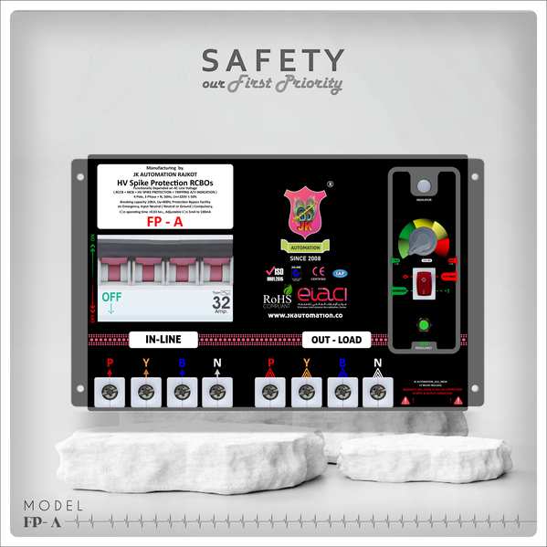 FP A WITH O/V PROTECTION 1 YEAR WARRANTY Product ID : FP A 40 Type: RCBOS (RCCB+MCB)Three Phase, 4-Pole (3:Phase, 1:Neutral)Rated breaking capacity :10kA (Class 3 ISI MCB Designed by German Technology), 220V AC, 50 Hz,Rated Residual Operating Time : 0.03S, Adjustable O/v Cut-Off: 250V to 300V +/-2% With Respect to Neutral.Adjustable IΔn 5mA, 10mA, 20mA, 30mA, 50mA, 100mAKey Features of JK AUTOMATION ’ RCBOs:Comprehensive Protection: Combines the functionalities of Residual Current Circuit Breakers (RCCBs) and Miniature Circuit Breakers (MCBs) to protect against both earth leakage and overcurrent scenarios, including overloads and short circuits.High Sensitivity Options: Available in multiple leakage sensitivity settings such as 5mA, 10mA, 25mA, 50mA and 100mA allowing for tailored protection based on specific requirements.Robust Construction: Manufactured using corrosion-proof cabinet, flame-retardant PBT material connector, ensuring durability and safety in various environmental conditions.User-Friendly Features: Equipped with a time interval siren with a timer up to 5 minutes, tripping LED indication, and an emergency bypass facility for maintenance purposes.(All Protection not Working in By-pass Mode)Technical Specifications:Number of Poles: 4 (ISI MCB designed with German technology)Rated Breaking Capacity: 10kA at 220V AC, 50HzOperating Voltage Range: 100-290V ACResidual Operating Time: 0.1sDegree of Protection: IP20Tripping Type: InstantaneousMounting Options: Screw mountingConnector Material: Flame-retardant PBTThese RCBOs are suitable for both residential and commercial applications, ensuring the safety of electrical installations by promptly disconnecting circuits during fault conditions. JK AUTOMATION ’ commitment to quality and safety makes their RCBOs a reliable choice for protecting electrical systems.