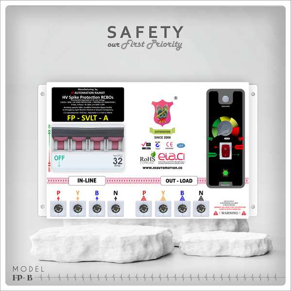 FP A WITH O/V PROTECTION 1 YEAR WARRANTY Product ID : FP A 40 Type: RCBOS (RCCB+MCB)Three Phase, 4-Pole (3:Phase, 1:Neutral)Rated breaking capacity :10kA (Class 3 ISI MCB Designed by German Technology), 220V AC, 50 Hz,Rated Residual Operating Time : 0.03S, Adjustable O/v Cut-Off: 250V to 300V +/-2% With Respect to Neutral.Adjustable IΔn 5mA, 10mA, 20mA, 30mA, 50mA, 100mAKey Features of JK AUTOMATION ’ RCBOs:Comprehensive Protection: Combines the functionalities of Residual Current Circuit Breakers (RCCBs) and Miniature Circuit Breakers (MCBs) to protect against both earth leakage and overcurrent scenarios, including overloads and short circuits.High Sensitivity Options: Available in multiple leakage sensitivity settings such as 5mA, 10mA, 25mA, 50mA and 100mA allowing for tailored protection based on specific requirements.Robust Construction: Manufactured using corrosion-proof cabinet, flame-retardant PBT material connector, ensuring durability and safety in various environmental conditions.User-Friendly Features: Equipped with a time interval siren with a timer up to 5 minutes, tripping LED indication, and an emergency bypass facility for maintenance purposes.(All Protection not Working in By-pass Mode)Technical Specifications:Number of Poles: 4 (ISI MCB designed with German technology)Rated Breaking Capacity: 10kA at 220V AC, 50HzOperating Voltage Range: 100-290V ACResidual Operating Time: 0.1sDegree of Protection: IP20Tripping Type: InstantaneousMounting Options: Screw mountingConnector Material: Flame-retardant PBTThese RCBOs are suitable for both residential and commercial applications, ensuring the safety of electrical installations by promptly disconnecting circuits during fault conditions. JK AUTOMATION ’ commitment to quality and safety makes their RCBOs a reliable choice for protecting electrical systems.