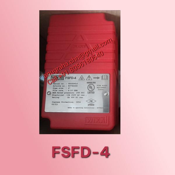 Make: WIKA Flow Switch, for Fire Sprinkler Wet SystemsModel: Model FSFD 4 / Line Size: 100mmDie cast aluminium housing (EN AC-46000), UL and FM approvedFlow rate / Sensitivity: 4...10 GPM (15...38 LPM)Service pressure: 268 psi [18.5 bar]*Maximum surge: 18FPS (5.5m/s)Operating temperature: 0...68°C [32°F...154°F]Environment protection: IP 56/NEMA 4 rating suitable for indoor & outdoor applications;  Switching Function: 2*SPDT (Form C)Electrical rating: 10A 125/250 VAC; 2A 30VDC Res.Horizontal/vertical mounting along the direction of arrow mark on cover & saddle;   Refer Operating instructions 83795208 for compatibles pipes, installation and maintanence.*With UL346 the operating pressure is limited to 175 psi[12bar] for pipe size 8
