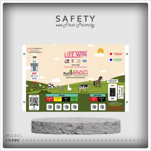 PHASE CHANGER WITH O/V PROTECTION 6 MONTH WARRANTY • Product ID : LWPPC 80• Type: PHASE CHANGER + HIGH VOLTAGE PROTACTION JK FCM+MCB HIGH PROTACTION MODEL PROVIDE PROTECTION AGAINST:• AUTO PHASE CHANGING.• IN 440VOLT AND AUTO OUT PUT IS AUTO 230 VOLT CONSTANT.• Un-wanted OVER VOLTAGE or HIGH VOLTAGE SPIKES PROTECTION,• TWO PHASING PROTECTION TO INSTRUMENTS,• SHORT CIRCUIT UP TO 10KA (As Per Wire Size with Respect to MCB Ratings),• Un-wanted OVER VOLTAGE or HIGH VOLTAGE SPIKES PROTECTION,• TWO PHASING PROTECTION TO INSTRUMENTS,• OVER LOAD PROTECTION,• POWER WASTAGE DETECTION.• And Other Silent Features (All Protection not Working in By-pass Mode),FEATURES OF PRODUCT:• Time Interval Siren with Timer Up to 1 Minutes,• HIGH AND LOW VOLTAGE LED Indication,• Emergency By-Pass Facility (Safety Functions not working in bypass mode),• Degree of Protection=IP 20,• Built In 100A Copper Conductive Connector Block,• Corrosion Proof Coated Metal Cabinet.TECHNICAL DETAILS• Number of Poles: 1 (ISI MCB Designed by German Technology),• Rated breaking capacity :10kA, 220V AC, 50 Hz,• Over Voltage Cut Off: As Per User's Requirement 250V to 300V AC +/- 2% (Variable)• Rated Residual Operating Time: 0.1S,• Degree of protection: IP20,• Tripping type: Instantaneous.Technical Specifications:• Number of Poles: 1 (ISI MCB designed with German technology)• Rated Breaking Capacity: 10kA at 220V AC, 50Hz• Operating Voltage Range: 100-290V AC• Residual Operating Time: 0.1s• Degree of Protection: IP20• Tripping Type: Instantaneous• Mounting Options: Screw mounting• Connector Material: Flame-retardant PBT.