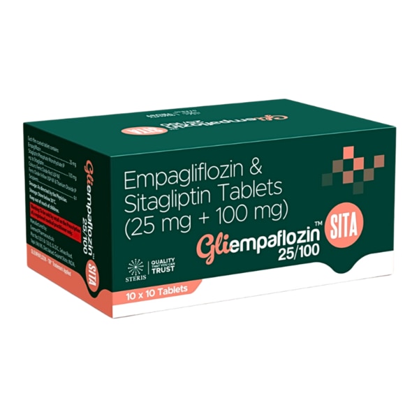 GLIEMPAFLOZIN SITA 25/100 is an advanced anti-diabetic medication containing Empagliflozin (25mg) and Sitagliptin (100mg), formulated to effectively control blood sugar levels in individuals with Type 2 Diabetes Mellitus. This powerful combination helps regulate glucose levels, improve insulin function, and reduce the risk of diabetes-related complications. It is designed for patients requiring dual therapy to achieve better glycemic control. Key Benefits: Effective Blood Sugar Control – Lowers HbA1c levels and maintains long-term glycemic stability.Promotes Weight Loss – Empagliflozin helps in reducing excess body weight by eliminating excess glucose.Heart & Kidney Protection – Reduces the risk of cardiovascular diseases and kidney complications.Enhanced Insulin Sensitivity – Improves insulin response and minimizes glucose spikes.Convenient Dual Therapy – Combines two powerful anti-diabetic agents in one tablet for better diabetes management. How Does It Work? Empagliflozin blocks the SGLT2 protein in the kidneys, preventing glucose reabsorption and promoting glucose excretion through urine. This helps lower blood sugar levels naturally while supporting heart and kidney health.Sitagliptin works by inhibiting the DPP-4 enzyme, which increases the levels of incretin hormones that stimulate insulin release and reduce glucose production in the liver.Together, they offer comprehensive diabetes control by lowering blood sugar through different mechanisms, making it a superior option for Type 2 Diabetes management. Directions for Use: Take GLIEMPAFLOZIN SITA 25/100 as prescribed by your doctor.Swallow the tablet whole with water, preferably once daily with or without food.Maintain a healthy diet and regular exercise for best results.Do not exceed the recommended dosage without consulting a healthcare professional. Side Effects: While generally well-tolerated, some users may experience:Frequent Urination (due to glucose excretion)Dehydration & DizzinessMild Nausea or Stomach DiscomfortHypoglycemia (Low Blood Sugar) – Especially if combined with insulin or sulfonylureasUrinary or Genital Infections (due to increased sugar excretion in urine)Seek medical attention if you experience severe allergic reactions, persistent dizziness, or signs of dehydration.
