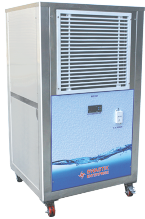 Dehumidifier Equipment ManufacturerSwastik Enterprise is one of the most reliable dehumidifier equipment manufacturer, supplier and exporter in India. We offer wide range of dehumidifier plants to suit various industrial applications. As a premier manufacturer of industrial dehumidifiers, Swastik guarantees effective dehumidifier plants that regulate humidity in the manufacturing area.Dehumidifier equipment is used to lower the air's humidity level, usually for health reasons. Dehumidifiers produce an excess of water that has been removed from the conditioned air. Dehumidifiers are also used in industrial climate chambers to maintain relative humidity levels that are suitable for processing items in specific rooms.Dehumidifiers are utilized in a variety of industrial settings to prevent things like corrosion, condensation, moisture recapture, fungus, product drying, low humidity, etc.Swastik Dehumidifiers are designed specifically to meet specific moisture / humidity management requirements throughout processing, packaging, drying, and storage. We specialize in industrial Desiccant & Portable dehumidifier system solutions that are both conventional and customized. It provides unparalleled specs, uses, and applications.The Best Dehumidifier Equipment ManufacturerAt Swastik Enterprise, we're dedicated to utilizing cutting-edge technology and offering the greatest services and products to support India's economic development. We are proud to be one of India's largest, most prominent, and oldest manufacturers of refrigeration systems, cooling solutions, and dehumidification facilities.Industrial desiccant dehumidifiers are primarily constructed to order with precise engineering and specialized components. You can contact us with your dehumidifier equipment requirement.Brand KANSID KANSID KAN SID KANSID KANSIDModel SWK SO SWK 100 SWK 150 SWK 200 SWK SOOMoisture Extraction Capacity @30° c & 80 % RH 50 Liters /dav @30° C & 80 % R H 100 Liters /dav @30° C & 80% RH 150 Liters I dav @30° C & 80% RH 200 Liters I dav @30° C & 80% RH 500 Liters I davCoverage Area (Non A.C.} 400 Sq Ft 4000 ft3/ 113m3 800 Sq Ft 8000 ft3/ 266m3 1200 Sq Ft 12000 ft3/ 340m3 1600 Sq Ft 16000 tt3/ 453m3 4000 Sq Ft 40000 ft3/ 1133m3Moisture Extraction Capacity @23° C & 60% RH 25 Liters I dav @23° C & 60% RH 50 Liters I dav @23° C & 60% RH 75 Liters I dav @23° C & 60% RH 100 Liters I dav @23° C & 60% RH 250 Liters I davCoveraee Area (AC WJO AHUl 2000 ft3 I 57 m3 4000 ft3 I 113m3 6000 ft3/ 170m3 8000 ft3/ 226m3 20000 ft3/ 566m3Body Material SS304/GI with Powder Coated SS304/ GI with Powder Coated SS304/ GI with Powder Coated SS304/ GI with Powder Coated SS304/ GI with Powder CoatedHumidity Control*& Display Up to 30%Digital 0 to 99 % Up to 30%Digital 0 to 99 % Up to 30%Digital 0 to 99 % Up to 30%Di£!ital 0 to 99 % Up to 30%Digital 0 to 99 %Water Collection Tank 15 Liter 20 Liter 23 Liter 25Liter 35 LiterCompressor Reciprocating Reci procating Reciprocating Reciprocating ReciprocatingRefril!erant R 22 /R 407 C R 22/R 407 C R 22/R 407 C R 22/ R 407 C R 22/R 407 CAir Flow 1300 m3/hr 1600 m3/hr 1700 m3/hr 2200 m3/hr 7100 m3/hrAir Filter 20Micron 20Micron 20Micron 20Micron 20MicronPower 440/220V AC, SOHz 440/220V AC, SOHz 440/220V AC, SOHz 440/220V AC, SOHz 440/220V AC, 50HzNoise I.eve! 60 nR 70 n R 70 nR 70 nR f!O nRDirect Drain Facilitv Yes Yes Yes Yes YesPre filter Yes Yes Yes Yes YesCastor Wheel Yes Yes Yes Yes YesDimension (L x D x H) in mm 460x480x800 510x540x9BO 510x540x9BO 510x540x980 760x960x 1450Humidity controlling will be dependent on air tightness in specified area and temperature and humidity of the inside area. Applications of Dehumidifier EquipmentPharmaceutical LaboratoriesPunch Card Storages roomsCoating DeptCommunication Equipment cabinsPacking RoomsLocker RoomsProcessing IndustriesTextile Wrapping & Quilling roomsPrinting & LithographyWood SeasoningPainting Booths & Painting IndustryFood StoragePowdered sugar usersOther ProductsImageIndustrial Fresh Air DEHUMIDIFIERDoors high quality cold room door ofdifferent thicknessand sizes like overlap doorIndustrial DehumidifierImageDesiccant DehumidifierClimate control plays a vital role in the production, storage and transportation of numerous productsDesiccant DehumidifierImagePortable DehumidifierClimate control plays a vital role in the production, storage and transportation of numerous products.Portable Dehumidifier