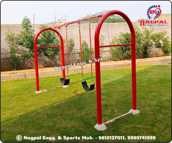Product Size : 8 x 4 x 7 FtTwo Seater Swing Main Structure : Metal Round PipeChain: 6MM PVC CoatedSeat : Rubber