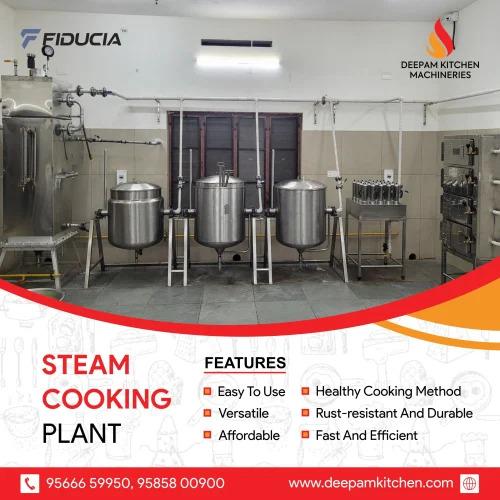 Steam Cooking Plant Specifications of our steam cooking plant:Usage : CommercialSize : As per customer choiceMaterial : Food Grade Stainless steelApplication : Restaurants/institutions/Power Source : Electric/GasCapaicty : 10000 Meals per day Category: Steam Cooking SystemFeatures Of Our Steam Cooking Plant:Robust Construction: Constructed with high-quality materials, our Steam Cooking Plant is built to last, ensuring years of dependable service in your kitchen.Efficient Steam Generation: Equipped with advanced steam generation technology, this plant produces a steady and consistent supply of high-pressure steam, ideal for cooking a variety of dishes quickly and evenly.Customizable Configurations: Tailored to meet your specific needs, our Steam Cooking Plant comes in various configurations, allowing you to choose the capacity and features that best suit your requirements.User-Friendly Interface: Designed with user convenience in mind, the intuitive interface makes operation effortless, allowing your kitchen staff to focus on creating culinary masterpieces.Energy-Efficient Design: Engineered for optimal energy efficiency, our Steam Cooking Plant helps reduce utility costs without compromising on performance, making it a sustainable choice for your business.Easy Maintenance: With minimal maintenance requirements, our Steam Cooking Plant ensures maximum uptime, keeping your kitchen running smoothly day in and day out.