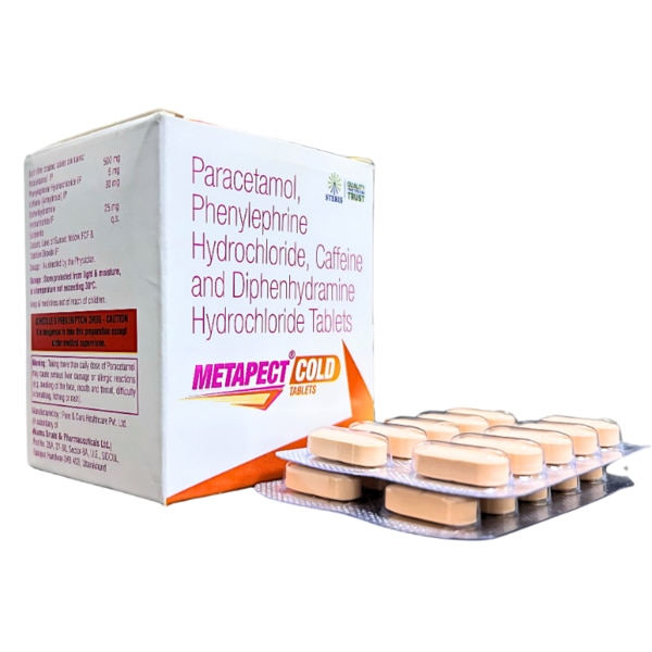 METAPECT COLD is a powerful combination medication designed to provide effective relief from common cold symptoms, including fever, nasal congestion, runny nose, and headaches. It contains a blend of Paracetamol IP (500 mg), Phenylephrine Hydrochloride IP (5 mg), Caffeine IP (30 mg), and Diphenhydramine Hydrochloride IP (25 mg) to combat multiple symptoms associated with cold and flu. This formulation works to alleviate pain, reduce fever, clear nasal congestion, and provide relief from sneezing and allergies. Key Benefits: Provides fast and effective relief from fever, body aches, and headaches Clears nasal congestion and promotes easier breathing Reduces sneezing, runny nose, and watery eyes caused by allergies Helps alleviate sinus pressure and discomfort Improves alertness and reduces drowsiness while relieving cold symptoms How Does It Work? METAPECT COLD works through its four active ingredients:Paracetamol reduces fever and relieves pain by inhibiting certain pain-causing chemicals in the body.Phenylephrine acts as a decongestant, reducing swelling in the nasal passages for easier breathing.Caffeine enhances the effectiveness of paracetamol and helps reduce drowsiness.Diphenhydramine blocks histamines to relieve allergy-related symptoms such as a runny nose and sneezing. Directions for Use: Take 1 tablet every 4 to 6 hours as needed, or as directed by your healthcare provider.Do not exceed 4 doses in 24 hours.Swallow the tablet whole with a glass of water.Can be taken with or without food.Not recommended for children under 12 years of age. Side Effects: While METAPECT COLD is generally well-tolerated, some individuals may experience mild side effects, including:Drowsiness or dizzinessNausea or upset stomachDry mouthIncreased heart rateRestlessness or difficulty sleepingIf any severe side effects occur, such as difficulty breathing, severe dizziness, or allergic reactions, seek medical attention immediately.