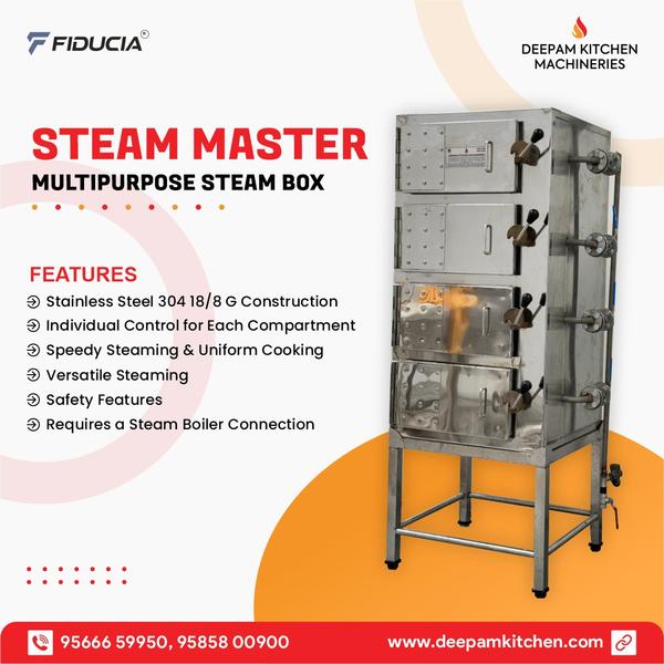Key Features: High-Capacity FlexibilityMulti-Product SteamingPremium Build QualityIndependent Compartment ControlsRobust and Reliable DesignCompatible with Steam GeneratorsFiducia Steam Master – Professional Multi-Compartment Steam Box The Fiducia Steam Master is an advanced, high-capacity steam box designed to meet the versatile steaming needs of commercial kitchens. Built from premium SS304 18/8-grade stainless steel, the Fiducia Steam Master is engineered for durability, hygiene, and long-lasting performance. Ideal for bulk food production, this innovative appliance allows for efficient steaming of a wide range of foods—from idlis and idiyappam to noodles, vegetables, rice, eggs, and more—all without direct contact with water.With an individual on/off valve for each compartment, the Fiducia Steam Master ensures controlled, efficient cooking across multiple trays. The heavy-duty, double-sheet fabricated door and sturdy build make this appliance exceptionally resilient, while its flexible design supports tray configurations from 3 up to 16, capable of steaming anywhere from 60 to 480 idlis at once. Whether your operation needs quick batches or high-volume production, the Fiducia Steam Master delivers a powerful performance that streamlines your cooking processes.Key Features: High-Capacity Flexibility: Accommodates 3 to 16 trays, enabling batch steaming from 60 to 480 idlis in a single cycle.Multi-Product Steaming: Efficiently steams idlis, idiyappam, noodles, vegetables, eggs, rice, and a variety of other foods.Premium Build Quality: Constructed from SS304 18/8-grade stainless steel for long-term durability, food safety, and corrosion resistance.Independent Compartment Controls: Each compartment has an individual on/off valve for tailored, energy-efficient operation.Robust and Reliable Design: Features a heavy-duty, double-sheet fabricated door, built for frequent and intense usage in demanding kitchen environments.Compatible with Steam Generators: Designed to connect seamlessly with a range of steam generators, allowing for custom steam configurations to suit any kitchen’s requirements.The Fiducia Steam Master is the ultimate solution for commercial kitchens that require large-scale, consistent steaming without the need for water immersion. Engineered with both efficiency and productivity in mind, it’s a cornerstone appliance for professional caterers, institutional kitchens, and industrial food producers seeking reliable, high-quality cooking equipment.