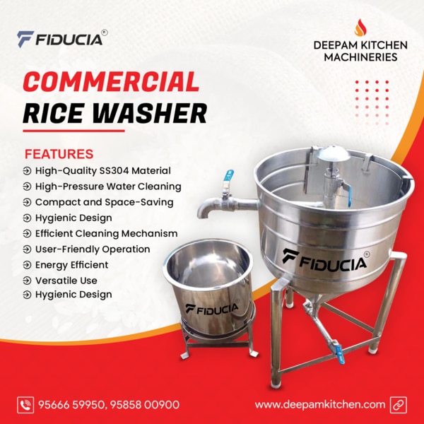 Fiducia Rice Washer – Perfectly Clean Grains, Built for the Professionals. The Fiducia Rice Washer is a game-changer for professional kitchens. Crafted from SS304 grade stainless steel, this high-performance machine ensures impeccable hygiene while delivering unmatched efficiency. Designed to handle heavy workloads, it thoroughly cleans rice and small pulses in just 2 to 3 minutes per batch, making it the ultimate solution for large-scale food operations. Available in 25kg and 50kg models, the Fiducia Rice Washer is an investment in quality, reliability, and time savings.Key FeaturesPremium Build Quality: 100% SS304 grade stainless steel for maximum durability and hygiene.Quick Processing: Washes 25kg or 50kg of rice/small pulses in just 2-3 minutes.Optimal Performance: Requires a 1.5HP motor to generate water pressure for thorough cleaning.Versatile Application: Perfect for washing rice, lentils, and small pulses, ensuring clean and ready-to-use ingredients.Industrial-Grade Efficiency: Designed to meet the demands of commercial kitchens and large-scale catering services.Why Choose Fiducia Rice Washer?Unparalleled Hygiene: SS304 material ensures compliance with food-grade safety standards.Time-Efficient: Reduces manual labor and processes large batches swiftly.Robust and Reliable: Built to withstand rigorous daily operations in industrial settings.Cost-Effective Solution: Saves time and water, enhancing kitchen productivity and efficiency.