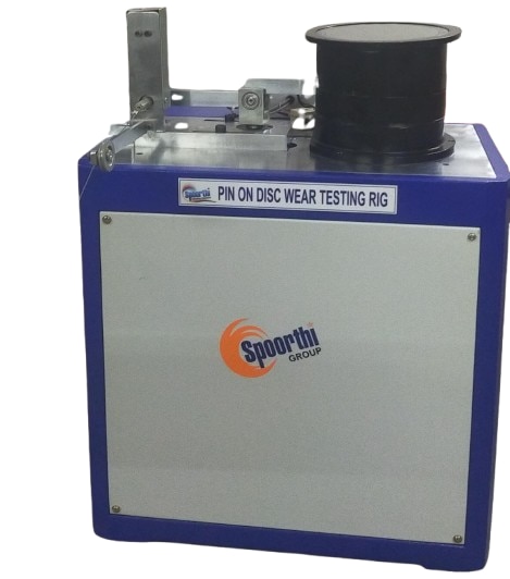 The Pin on Disc Wear Test Equipment developed by SPOORTHI ENGINEERING EQUIPMENTS. BANGALORE-560058used for determining the tribological properties of different kinds of materials under different loads and sliding speed conditions. A stationary round specimen mounted in a specially designed specimen holder is brought into contact against a counter surface rotating disc at a known sliding speed, as the pin starts sliding, the resultant frictional force between the pin and rotating disc are measured by beam type load cell (frictional force) .There will be a digital display on the controller for wear, test speed ,test duration, frictional force also online data acquisition system through NI based software where real time data acquisition for wear, co, frictional force v/s time can be displayed and recorded as an optional. Facility for exporting of the data from database software to MS excel is also provided.