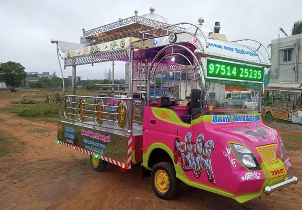 This Sorgaratham is our another one of the Model . This Sorgaratham fabricated fully in Stainless Sheet & Stainless Steel pipes Mixing. This Sorgaratham model top design Umbrella Design Model. Platform we use aluminum Checked sheets. We delivered the Sorgaratham with audio set, Multi Color LED Lights, Painting & Stickering.(As per choice)