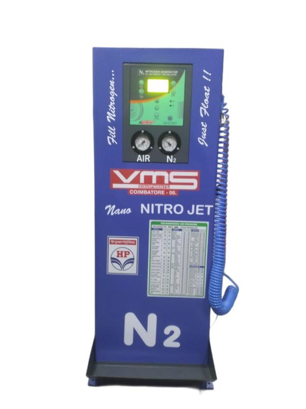 A nitrogen machine, also known as a nitrogen inflator or generator, is a device that extracts and purifies nitrogen gas from ambient air, typically using methods like Pressure Swing Adsorption (PSA) or membrane separation, for inflating vehicle tires. Here's a more detailed breakdown:How it works:Nitrogen Generation:The core of the machine is a nitrogen generator that separates nitrogen from air. PSA or Membrane Separation:It uses either Pressure Swing Adsorption (PSA) or membrane separation technology to extract nitrogen, removing oxygen and other impurities. Filling Process:Once generated, the high-purity nitrogen gas is then fed into the tire using a hose and nozzle, allowing for precise control of inflation pressure. Benefits:Nitrogen-filled tires are claimed to offer benefits like better pressure retention, reduced fuel consumption, and improved tire life. Types of Nitrogen Machines:PSA (Pressure Swing Adsorption):This method uses a process where air is compressed, then passed through a bed of adsorbent material that selectively captures oxygen, leaving behind nitrogen. Membrane Separation:This method uses a membrane with tiny pores that allow nitrogen molecules to pass through while blocking oxygen and other gases. Digital Nitrogen Tyre Inflator:These machines are fully automatic, with features like vacuum facility and automatic speed control, suitable for various vehicle types. Applications:Automotive Industry:Primarily used for inflating vehicle tires, offering potential benefits like improved tire life and fuel efficiency. Industrial Applications:Nitrogen gas has various industrial uses, including providing an inert atmosphere for storage and transportation of certain materials, and preventing oxidation and corrosion.