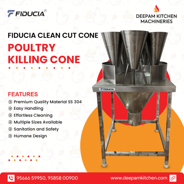 Fiducia Clean Cut Cone – Precision Cutting for Effortless Poultry Processing!The Fiducia Clean Cut Cone is engineered for humane and efficient poultry processing, making it a reliable tool for farms, butcher shops, and industrial kitchens. Crafted from durable, food-grade stainless steel (SS304/SS202), this cone facilitates a quick and hygienic process, minimizing stress for the bird and mess for the operator. Its ergonomic, easy-to-mount design ensures a clean, precise operation, enhancing workflow and improving hygiene standards in poultry processing.Features:Premium Quality Material: Constructed from high-grade stainless steel (SS304/SS202) to withstand frequent use, resist rust, and ensure long-term durability.Humane Design: The angled, tapered cone secures the bird comfortably, reducing stress and enabling a more humane process.Easy Handling: Holds the bird firmly for safe, controlled cuts, minimizing movement and improving safety for the operator.Effortless Cleaning: Polished, smooth surfaces allow for quick cleanup and help maintain sanitary conditions after each use.Multiple Sizes Available: Offered in various sizes to suit different poultry types, from chickens to ducks and small turkeys.Wall-Mountable Convenience: Pre-drilled holes allow for easy wall or stand mounting, providing stability and ease of access during processing.Sanitation and Safety: Designed to keep fluids directed away from the bird and handler, helping maintain a clean workspace and reducing cross-contamination risks.Ideal For: The Fiducia Clean Cut Cone is perfect for poultry farms, meat processing facilities, and professional kitchens that prioritize hygiene, humane processing, and efficiency. Why Choose Fiducia Clean Cut Cone?The Fiducia Clean Cut Cone is designed for precision and safety, offering an efficient solution for poultry processing. Crafted with durable materials, it ensures a clean and accurate cut with minimal effort, improving both productivity and product quality. The ergonomic design provides stability during use, while the conical shape allows for optimal positioning, reducing the risk of injury and ensuring a smoother, quicker operation. Whether for small-scale or commercial poultry operations, the Fiducia Clean Cut Cone enhances efficiency and delivers consistent, high-quality results with every use.