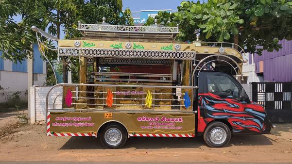 This Sorgaratham is our another one of the Model . This Sorgaratham fabricated fully in Gold Stainless Sheet & Stainless Steel pipes Mixing. This Sorgaratham model top design Umbrella Design Model. Platform we use aluminum Checked sheets. We delivered the Sorgaratham with audio set, Multi Color LED Lights, Painting & Stickering.(As per choice)