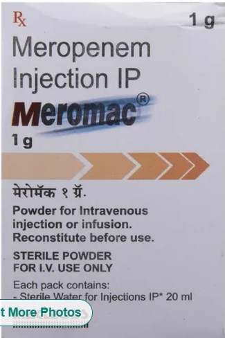 Meropenem Injection IP₹ 450/BoxGet Latest PriceMinimum Order Quantity: 20 BoxStrength	1 gmInjection Site	IV OnlyPackaging Type	BoxUsage/Application	Bacterial InfectionsDose	20mlItem Name	MeromacPowder For Intravenous Injection For Infusion.Reconstitute before useSterile Powder For VI use only