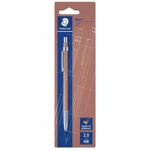 Staedtler Mars Technico 780 C Leadholder for drawing, sketching and writing For 2 mm leads e.g. Mars carbon 200 With metal clip, push-button and grip zone Integrated lead sharpener in push-button HB lead Hardness-degree indication on clip Trend colour sand.