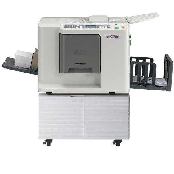 RISO CV3030 Digital Duplicator The RISO CV3030 is a high-speed digital duplicator designed for efficient and cost-effective printing. With a print speed of up to 130 pages per minute and a resolution of 300 × 600 dpi, it delivers sharp, clear prints ideal for schools, offices, and institutions. This compact duplicator supports various paper sizes and weights, has a large feed capacity, and features automatic master-making and user-friendly operation. The RISO CV3030 is perfect for high-volume printing needs, offering durability, low running costs, and reliable performance.Print Speed             - 60 to 130 sheets per minute  Print Resolution     - 300 × 600 dpi  Original Size            - Min: 90 × 140 mm / Max: 310 × 435 mm  Printing Paper Size - Min: 100 × 148 mm / Max: 257 × 364 mm  Printing Area           - Max: 210 × 290 mm  Paper Feed Capacity - Approx. 1,000 sheets (64–80 gsm)  Paper Weight          - 50 gsm to 157 gsm  Reproduction Ratios - 141%, 122%, 116%, 94%, 87%, 82%, 71%  Power Consumption - Max: 200 W / Ready: 15 W / Sleep: 10 W  Machine Weight         - Approx. 65 kg (excluding ink and master roll)  