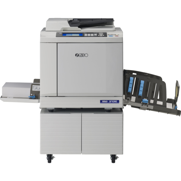 The RISO SF9390 is an ultra-high-speed digital duplicator designed for efficient, high-volume printing. With a top speed of 190 pages per minute and 600 × 600 dpi resolution, it delivers sharp prints rapidly. Its user-friendly color touchscreen interface and versatile paper handling make it ideal for organizations requiring cost-effective, reliable, and eco-friendly printing solutions.​Key Specifications:Print Speed            - Up to 190 pages per minutePrint Resolution    - 600 × 600 dpiOriginal Size           - Max: 297 × 432 mmPrinting Paper Size - Min: 100 × 148 mm / Max: 320 × 432 mmPrinting Area           - Max: 291 × 413 mmPaper Feed Capacity  - Approx. 1,000 sheets (64–80 gsm)Paper Weight              - 46 gsm to 210 gsmReproduction Ratios  - Enlargement: 163%, 141%, 122%, 116%                                         Reduction: 87%, 82%, 71%, 61%Power Consumption  - Max: 400 W / Ready: 30 W / Sleep: 0.5 WMachine Weight          - Approx. 120 kg (excluding ink and master roll)The RISO SF9390's combination of speed, quality, and efficiency makes it a valuable asset for educational institutions, businesses, and organizations with substantial printing needs.
