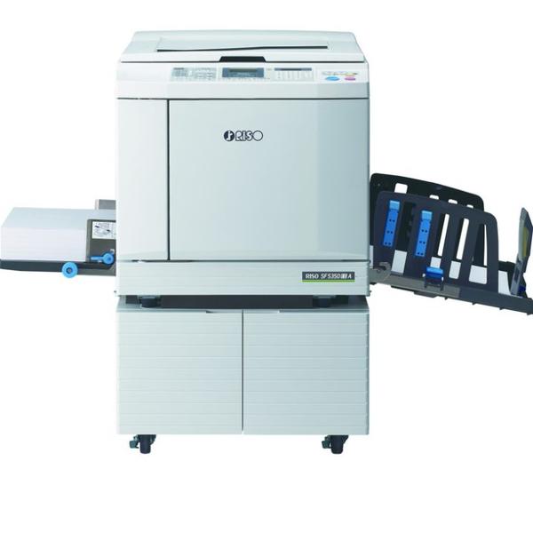 RISO SF5350 EII Digital Duplicator:The RISO SF5350 EII digital duplicator is a high-performance, high-speed printing solution designed for bulk printing in schools, colleges, government offices, and corporate environments. Delivering up to 150 pages per minute at 600 × 600 dpi resolution, it ensures fast, sharp, and consistent print output. This A3 digital printer supports a wide range of paper sizes and weights, offers USB direct printing, and features an intuitive control panel. Engineered for energy efficiency and equipped with eco-friendly ink, the SF5350 is a cost-effective printer perfect for organizations seeking reliable, high-volume printing at a low operational cost. Trusted across India, it’s ideal for those who need speed, economy, and durability in one machine.RISO SF5350 EII, digital duplicator, high-speed printer, bulk printing machine, A3 printer, office printer for schools, government printing machine, cost-effective duplicator, eco-friendly printer, RISO printer IndiaPrint Speed               - 60 to 150 pages per minutePrint Resolution       - Scanning: 600 × 600 dpi                                      Printing: 300 × 600 dpiOriginal Type            - Book or sheetOriginal Size             - Max: 297 × 432 mmPrinting Paper Size  - Min: 100 × 148 mm / Max: 310 × 432 mmPrinting Area             - Max: 291 × 413 mmPaper Feed Capacity - Approx. 1,000 sheets (64–80 gsm)Paper Receiving Capacity - Approx. 1,000 sheets (64–80 gsm)Paper Weight Support      - 46 gsm to 210 gsmReproduction Ratios         - Enlargement: 141%, 122%, 116%                                               Reduction: 94%, 87%, 82%, 71%Power Consumption         - Max: 300 W / Ready: 20 W / Sleep: 5 WMachine Weight                 - Approx. 101 kg (excluding ink and master roll)