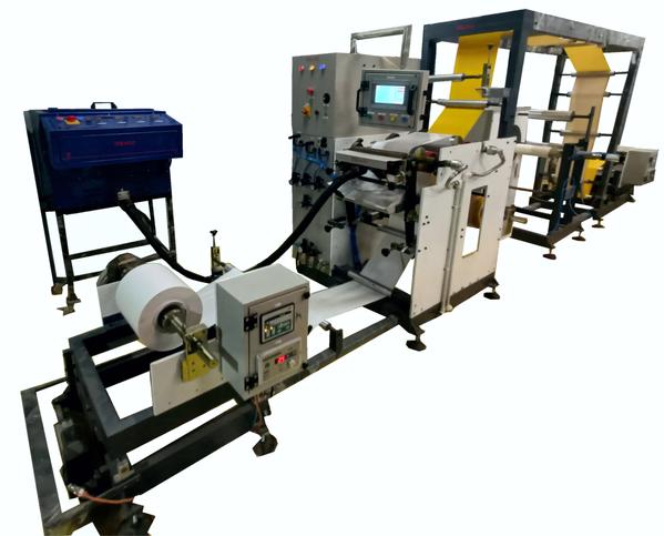 Hot Melt Coater Specification: This machine will make rolls of 300mm (Max.) width & Max 600mm dia. Of 270 micron PVC with hot melt glue and silicon paper. Also can make 100m rolls of 80 micron LDPE coated with hot melt on 3” paper core. Machine Type: Die coating Max. Size of coating: 300mm, GSM: 15 to 60 Max. Speed of coating : Speed 0- 15 mpm M/c specifications: 1. Unwind : (2 Sets) To hold 310 mm max. width material. 600 mm Dia. Max. 76 MM core ID. Powder Brake Web Guide 2. Coating Station:Die coating. Accurate Temp. Control. All silicon rolls dynamic balanced. Back up roller Pneumatically operated 3. Lamination Nip: Dynamic balanced Metal roll & Silicone roll Operation & pressure Pneumatic Drive to the nip 4. Rewind : To hold 310 mm max. width material. 400 mm Dia. Max. 76 MM core ID. Tapper tension controlled winding. AC Drive for controlled winding. And Turret Winder for LDPE wrap winding.5. Permelter: Tank capacity 12 Lit. Melting Capacity 12 Lit/hr liquid tank capacity 6 Lit. Pump Capacity 0.4 Lit/Min Accurate Temp. Control. Accurate flow control 6. Hot melt Hose:To Supply 0.4 Kgs/hr Length 2 m Accurate Temp. Control. 7. Dimensions:7 m X 1.5 m X 1.5 m Total Electrical Load : Motors 6 HP, Heaters 5.1 KW