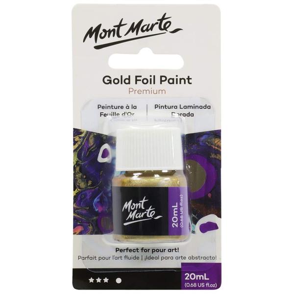 Mont Marte Premium Gold Foil Paint (20ml), Suitable for Pour Painting, High Pigment Level, Shimmering Color.High Pigment level for rich, opaque colorPerfect for pouring arCreates stunning details on all colors (even dark!)Apply to dry artworksAvailable in 3 colors: Gold, Silver and Iridescent