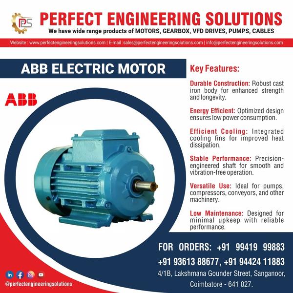PERFECT ENGIINEERING SOLUTIONS200 KW/ 1440 RPM/ FOOT MOUNTING WE HAVE WIDE RANGE PRODUCTS OF MOTORS, PUMPS, GERABOX, VFD DRIVE, PANEL BOARD , ETC....As the US Motors and Generators Business Unit of ABB, ABB Motors and Mechanical Inc. markets, designs, manufactures, and provides service for industrial electric motors, generators and mechanical power transmission products.