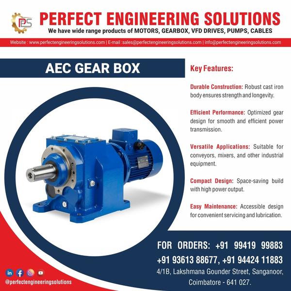 PERFECT ENGINEERING SOLUTIONS WE HAVE WIDE RANGE PRODUCTS OF MOTOR, GEARBOX, VFD DRIVE, CONTROL PANEL , ETC... A gearbox, also known as a transmission, is a mechanical device that uses gears to change the speed, direction, or torque of a rotating shaft, typically used to transmit power from a motor to a machine or vehicle's wheels. 