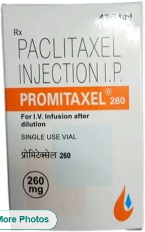 Paclitaxel Injection IP 260mg₹ 6,480/VialGet Latest PriceMinimum Order Quantity: 10 VialPackaging Size	43.34mlForm	InjectionStrength	260mgItem Name	Promitaxel 260Usage	CancerFor IV infusion after dillution.Single Use Vial