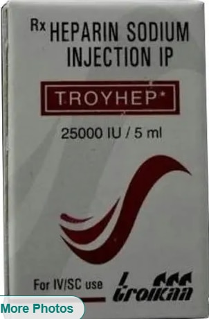 Heparin Sodium Injection 25000 LU / 5ML₹ 280/PieceGet Latest PriceMinimum Order Quantity: 20 PieceDosage/Strength	5 mlPackaging Type	BoxComposition(Salt)	Heparin 25000 IUManufacturer Name	Troikaa Pharmaceuticals Ltd.Prescription/ Non Prescription	PrescriptionUsage	Treatment and prevention of blood clotsItem Name	TroyhepEstablished as a Partnership firm in the year 2017 at Mira Road (Mumbai, India), we “Shree Guru Pharma” are a leading Wholesale Distributor of a wide range of Pharmaceutical Injection, Pharmaceutical Tablets, Meropenem