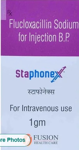 Flucloxacillin Sodium Injection BPGet Latest PricePackaging Type	BoxItem Name	StaphonexForm	InjectionBrand	Apollo PharmacyDose	1gmTreatment	InfectionManufacturer	Fusion Health CareDosage:As directed by the Physician.Storage:Store in a dry place at less than 25Deg C.Protect from light.Reconstitute immediately before use. Once reconstituted, any unused portion of solution should be discarded.Keep out of the sight and reach of children.For full directions for use, see enclosed leaflet.Contains no excipients.