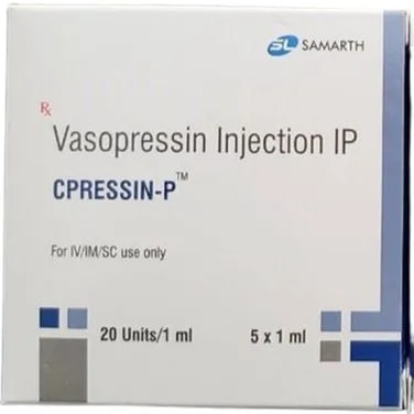 Vasopressin Injection IpGet Latest PricePackaging Type	BoxPackaging Size	5 x 1mlInjection Routes	Intravenous (IV), Subcutaneous (SC), Intramuscular (IM)Manufacturer	Samarth Life SciencesStrength:	20IU/1mlItem Name	Cpressin -PUsage	DiabetesEstablished as a Partnership firm in the year 2017 at Mira Road (Mumbai, India), we “Shree Guru Pharma” are a leading Wholesale Distributor of a wide range of Pharmaceutical Injection, Pharmaceutical Tablets, Meropenem Injections, etc