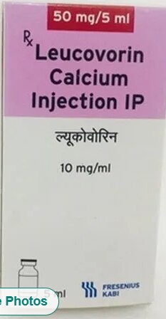 10g Leucovorin Calcium Injection IPGet Latest PriceDose	50 mgPackaging Type	Glass BottlePackaging Size	5 mlInjection Site	IntramuscularUsage/Application	HospitalForm	LiquidManufactured By	Fresenius KabiMedicine Type	InjectionContents: 50mg/ Leucovorin Calcium (injections) Side effects: Remember that your doctor has prescribed this medication because he or she has judged that the benefit to you is greater than the risk of side effects. Many people using this medication do not have serious side effects. A very serious allergic reaction to this drug is rare. However, get medical help right away if you notice any symptoms of a serious allergic reaction, including: rash, itching/swelling (especially of the face/tongue/throat), severe dizziness, trouble breathing. This is not a complete list of possible side effects. If you notice other effects not listed above, contact your doctor or pharmacist. Administration: This medication is given by injection into a vein or a muscle as directed by your doctor, usually every 6 hours or once daily. Do not inject this medication into the spine. The dosage is based on your medical condition and response to treatment. Use this medication regularly to get the most benefit from it. If you are using this medication at home, learn all preparation and usage instructions from your health care professional and the product package. Before using, check this product visually for particles or discoloration. If either is present, do not use the liquid. Learn how to store and discard medical supplies safely. Details: This medication is used to treat or prevent serious blood cell disorders (such as thrombocytopenia, neutropenia, anemia) caused by certain drugs (folic acid antagonists such as methotrexate, trimethoprim, pyrimethamine). It may also be used with a certain cancer drug (5-fluorouracil) to treat patients with colon cancer. Leucovorin may also be used to treat a certain type of anemia (due to folic acid deficiency) when folic acid cannot be taken by mouth.See less