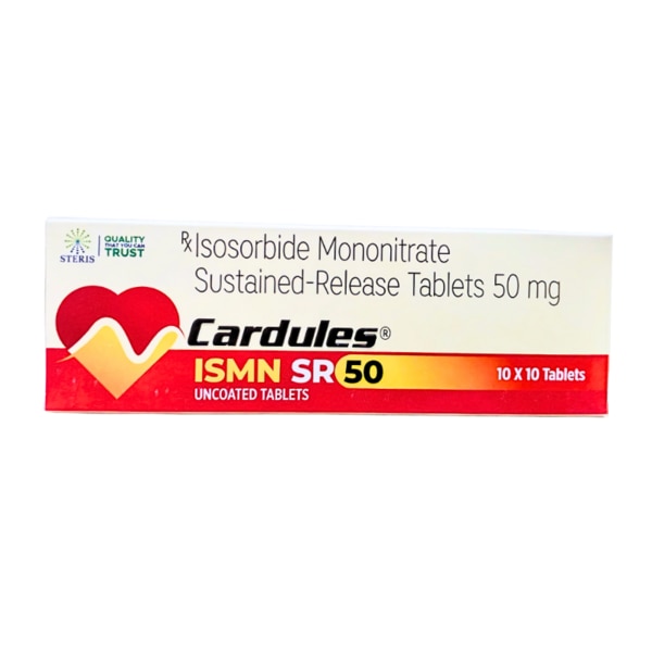 CARDULES ISMN SR 50 is a sustained-release tablet formulated with Isosorbide Mononitrate (50 mg), a nitrate-class medication widely used for the prevention and long-term management of angina pectoris (chest pain caused by heart disease). This medicine works by relaxing and widening the blood vessels, ensuring an adequate oxygen supply to the heart muscles and reducing the workload on the heart. It is primarily prescribed to individuals suffering from coronary artery disease or chronic stable angina.Key Benefits:Prevents angina attacks by increasing oxygen delivery to the heart muscles.Improves blood circulation by dilating the blood vessels, especially in the heart.Reduces the workload on the heart, making it easier for patients with heart conditions to engage in daily activities.Sustained-release formulation provides longer-lasting relief and maintains consistent therapeutic levels in the bloodstream.Helps manage chronic chest pain and enhances the overall quality of life in patients with heart-related conditions.How Does It Work?Isosorbide Mononitrate, the active component in CARDULES ISMN SR 50, is a nitrate that undergoes biotransformation to release nitric oxide (NO), a natural vasodilator. Nitric oxide activates guanylate cyclase, leading to the production of cyclic GMP, which relaxes the smooth muscles of the blood vessels. This action reduces preload and afterload, lowering the heart's oxygen demand and preventing anginal episodes. The sustained-release mechanism ensures a steady release of the drug over time, providing prolonged therapeutic effects and reducing the frequency of dosing.Directions for Use:CARDULES ISMN SR 50 should be taken once daily, preferably in the morning after a light meal.Swallow the tablet whole with a glass of water. Do not crush or chew.Follow your healthcare provider's instructions regarding dosage and duration.Avoid abrupt discontinuation without consulting your doctor.Maintain a nitrate-free interval of 10-- 12 hours daily (as advised) to prevent tolerance buildup.Side Effects:While CARDULES ISMN SR 50 is generally well-tolerated, some individuals may experience:Headache-- Common and usually resolves with continued use.Dizziness or lightheadedness-- Especially when getting up from a sitting or lying position.Flushing or warmth in the faceLow blood pressure (hypotension).Nausea or vomiting.Fatigue or weakness.Seek immediate medical attention if you experience severe allergic reactions, chest pain that worsens, or signs of low blood pressure such as fainting or vision changes.