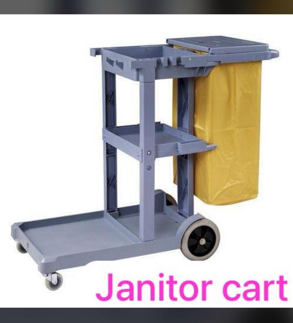 A janitor cart is a mobile cleaning station designed to help custodians efficiently transport tools and supplies. It typically includes shelves or compartments for cleaning chemicals, paper products, and trash bags, along with hooks or holders for mops, brooms, and dustpans. Most janitor carts have wheels for easy maneuverability and a large bag for collecting waste. These carts enhance productivity by reducing the need for repeated trips to storage rooms. Often used in schools, hospitals, offices, and public facilities, janitor carts play a vital role in maintaining cleanliness and hygiene in large spaces, streamlining the daily tasks of custodial staff.
