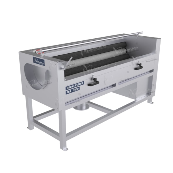 PEB2000 is a versatile food processing machine  for washing, scrubbing, and peeling various root vegetables and fruits.Brush-Based Action : The machine utilizes rotating cylindrical brushes to gently but effectively remove the outer skin or dirt from produce.   The brushes can vary in stiffness, from soft nylon for gentle washing to abrasive bristles for more vigorous peeling.Washing and Peeling : It serves a dual purpose, capable of both washing away surface dirt and peeling the outer layers of vegetables.This makes it suitable for a wide range of produce, including potatoes, carrots, ginger, and other root vegetables.Water Spray System : Integrated water spray nozzles continuously rinse the produce during the process, removing debris and peel.This ensures a clean and hygienic operation.Waste Discharge : Designed with system to efficiently remove waste peels and water.Roller Variation : The type of roller used, whether it is a softer brush, or a more abrasive roller, dictates the level of peeling that occurs. So machines can be set up to wash, or to peel, depending on the roller used.Efficiency : Significantly reduces manual labour and increases processing speed.Hygiene : Ensures thorough cleaning and peeling, meeting food safety standards.   Versatility : Adaptable to a wide range of produce and processing needs.Consistency : Provides uniform washing and peeling results.