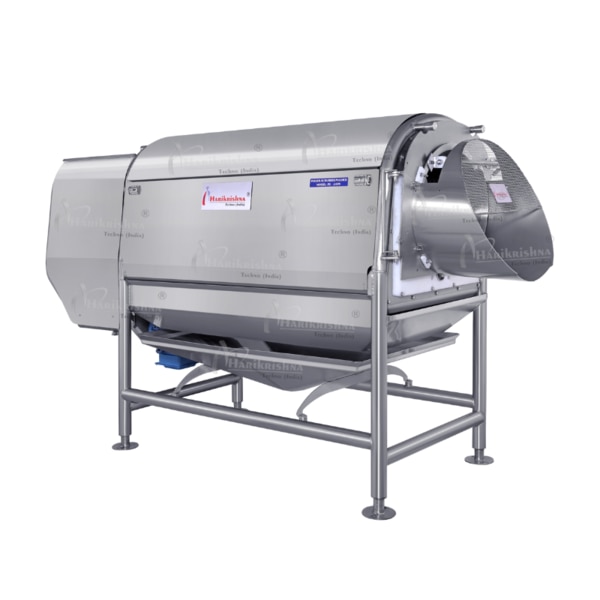 Our high-production abrasive peeler is a robust industrial machine designed for the efficient and continuous removal of skin or peel from a variety of root vegetables, fruits, and other food products.Abrasive Peeling : The machine employs abrasive rollers or drums, typically coated with silicon carbide or other durable abrasive materials, to gently but effectively remove the outer layer of the product.Continuous Operation : Designed for high-volume processing, these peelers operate continuously, allowing for a steady flow of product through the machine.Adjustable Peeling Intensity : Adjustable peeling intensity through variable roller speed, gap adjustments, or different grit sizes of the abrasive material, allowing for control over the depth of peeling.Heavy-Duty Construction : Built with stainless steel or other corrosion-resistant materials to withstand the rigors of industrial food processing and ensure hygiene.Sanitary Design : Designed with smooth surfaces and easy-to-clean components to meet stringent hygiene standards.Low Maintenance : Designed for ease of maintenance, with readily accessible components and durable construction.Water Spray System : An integrated water spray system is crucial for : Lubricating the product and abrasive surfaces, reducing friction and heat build-up. Continuously flushing away removed peel and debris, maintaining a clean peeling environment.