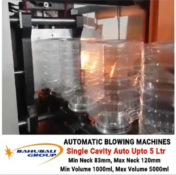 Bahubali Group single Cavity Handfeed Automatic Pet Blowing Machine for confectionery Jars up to 6.5 ltrPlease refer our gallery or ask videos on WhastappNo of Cavities		1	Max. Product Height		320mm	Max. Product Dia.		170mm	Minimum Neck Size		46mm	Max Neck size of Preforms 130mm	Product Volume		  up to 6.5 Ltr In Jar		Product Output of 3000ml Jars in 120mm Neck size  (standard is 80gm to 100gm pet Preform may vary depending on the shape & quality of preform & Jar) 700 to 750 Jars Per Hour	Watch video or call us for more detailshttps://youtu.be/bJ-rFCNzobARegardsRajesh Kadam9322057408