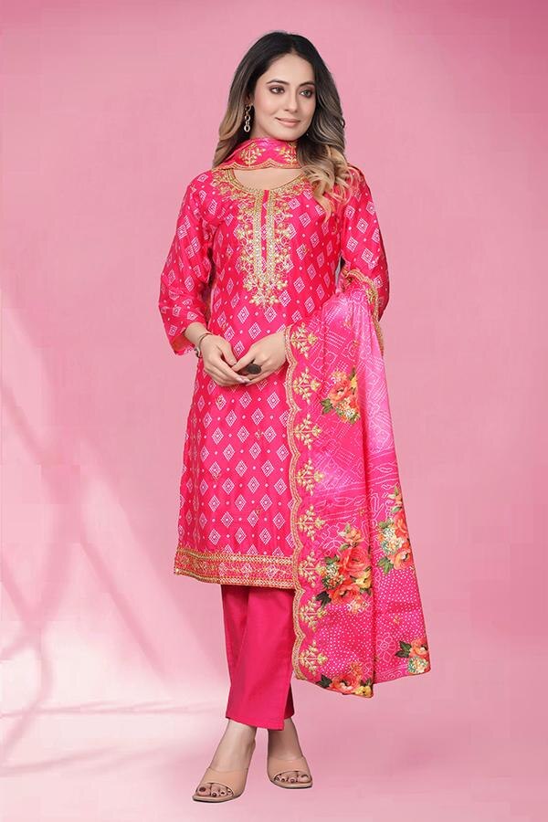 The Bandhani Print Kurti with Pant Set is a traditional Indian outfit that combines comfort with cultural elegance. This set typically includes a printed kurti and matching pants, offering a coordinated look suitable for various occasions.Fabric: The kurti and pants are usually crafted from rayon, providing a soft and breathable feel, ideal for warm climates.Design: The standout feature of this set is the Bandhani print—a tie-dye technique that results in intricate patterns, often in vibrant colors.Fit: The kurti generally features a straight cut with side slits, ensuring ease of movement. Pants are typically designed with an elastic waistband for a comfortable fit.Sleeve Length: Sleeves can vary from sleeveless to three-quarter length, depending on the design.Occasions: This set is versatile, suitable for casual outings, festive gatherings, or even as office wear, depending on the styling. Located near Sitanagar Chowk, Punagam, we offer premium quality, vibrant colors, and trending styles. Visit us for the best Bandhani Kurtis in Surat and elevate your ethnic wardrobe today!