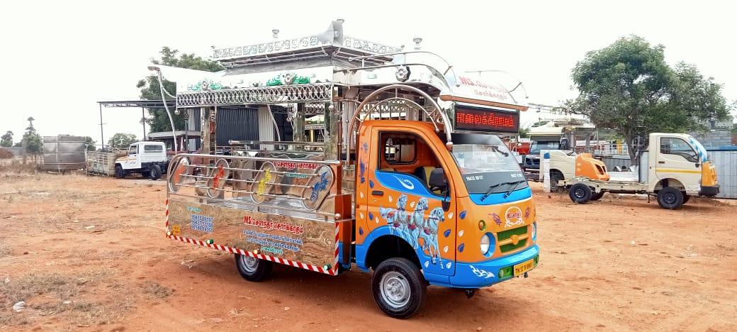 Sorgaratham This Sorgaratham is our another one of the Model . This Sorgaratham fabricated fully in Stainless Sheet & Stainless Steel pipes Mixing. This Sorgaratham model top design Umbrella Design Model. Platform we use aluminum Checked sheets. We delivered the Sorgaratham with audio set, Multi Color LED Lights, Painting & Stickering.(As per choice)