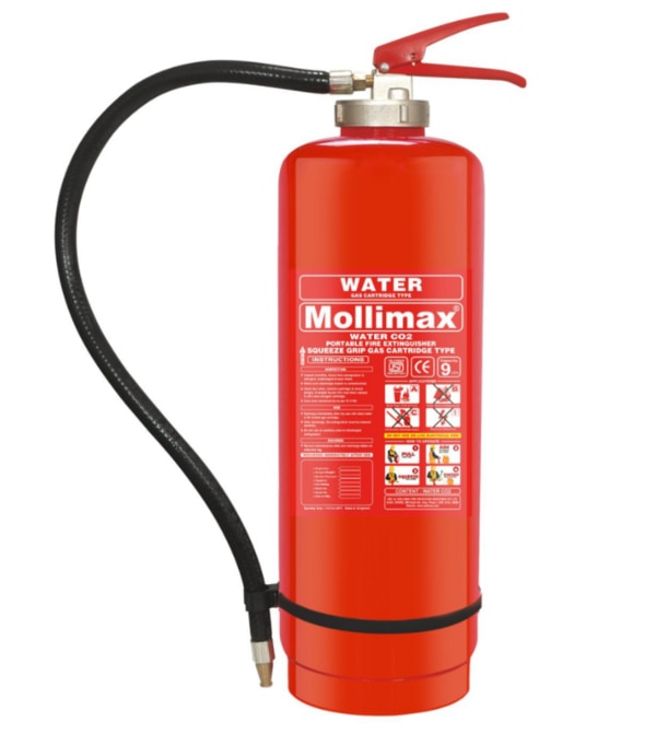 WATER CO2 9 Ltr IS:15683 Cartridge TypeDescriptionWATER TYPE FIRE EXTINGUISHERS Mollimax WATER Type fire extinguishers are ideal for fires involving volatile liquids burning materials such as paper, cloth, wood and furniture. Ideal Use: Water Type fire extinguisher use for Plywood, Textile companies etc., Ideal Use: Water Type fire extinguisher use for Fuel Stations, Chemical Industries, Restaura Note: Mechanical Water Type extinguishers are not suitable for fires involving elect Features AFFF (Aqueous Film Forming Water) fights against Class A and Class B firesWater type extinguishers effectively works on Class A firesBIS Approved and ISI markedHydraulically tested as per standard and passed through anti-corrosive treatmentHigh quality Pure Polyester (PP) powder coatingSpray nozzle to achieve high fire ratingBrass chrome plated valve with simple squeeze operation (Portable Type Extinguisher)Brass forged cap with auto safety release mechanism at 21 kg/cm (Trolley Mounted Extinguisher)Easy to maintain, recharge & serviceEPDM Rubber braided hose is far more flexible than the PVC braidedConforming to IS 15683: 2018 (Portable Type Extinguisher)Conforming to IS 16018: 2012 (Trolley Mounted Extinguisher)