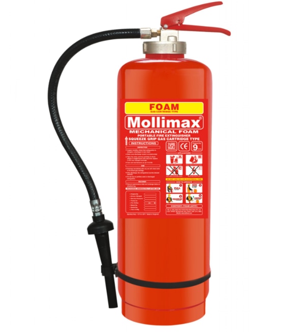 MFOAM 9 Ltr IS:15683 Cartridge (AFFF)DescriptionFOAM TYPE FIRE EXTINGUISHERS Mollimax Foam Type fire extinguishers are ideal for fires involving volatile liquids burning materials such as paper, cloth, wood and furniture. Ideal Use: Foam Type fire extinguisher use for Plywood, Textile companies etc., Ideal Use: Foam Type fire extinguisher use for Fuel Stations, Chemical Industries, Restaura Note: Mechanical Foam Type extinguishers are not suitable for fires involving elect Features AFFF (Aqueous Film Forming Foam) fights against Class A and Class B firesFoam type extinguishers effectively works on Class A firesBIS Approved and ISI markedHydraulically tested as per standard and passed through anti-corrosive treatmentHigh quality Pure Polyester (PP) powder coatingSpray nozzle to achieve high fire ratingBrass chrome plated valve with simple squeeze operation (Portable Type Extinguisher)Brass forged cap with auto safety release mechanism at 21 kg/cm (Trolley Mounted Extinguisher)Easy to maintain, recharge & serviceEPDM Rubber braided hose is far more flexible than the PVC braidedConforming to IS 15683: 2018 (Portable Type Extinguisher)Conforming to IS 16018: 2012 (Trolley Mounted Extinguisher)