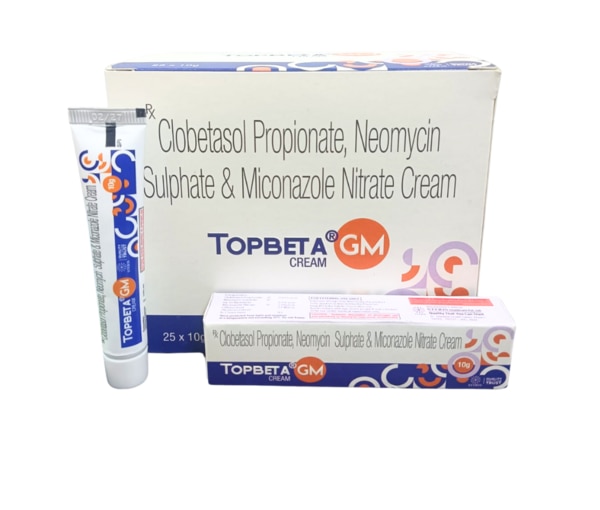 TOPBETA GM Cream is a topical dermatological preparation specially formulated to treat a range of inflammatory and infectious skin disorders. It combines the potent anti-inflammatory action of Clobetasol Propionate, the antimicrobial efficacy of Neomycin Sulphate, and the antifungal power of Miconazole Nitrate. This makes it particularly effective in treating skin conditions where infection and inflammation coexist, such as infected eczema, fungal dermatitis, intertrigo, and athlete’s foot.Key IngredientsClobetasol Propionate: A strong corticosteroid that helps reduce inflammation, redness, itching, and skin irritation. It works by suppressing inflammatory chemicals in the skin.Neomycin Sulphate: A broad-spectrum antibiotic that kills or inhibits bacteria commonly responsible for secondary skin infections.Miconazole Nitrate: A powerful antifungal agent that disrupts fungal cell membranes, making it effective against yeast and dermatophyte infections.Key BenefitsRelieves itching, swelling, and redness associated with inflammatory skin conditionsTreats fungal and bacterial infections of the skinPrevents secondary infections in damaged or sensitive skin areasPromotes faster healing and restoration of normal skinIdeal for mixed infections where both fungi and bacteria are presentHow Does It Work?TOPBETA GM Cream works through a synergistic mechanism:Clobetasol Propionate suppresses the skin’s inflammatory response, helping to reduce the signs and symptoms of dermatitis, eczema, and allergic reactions.Neomycin Sulphate targets and destroys bacteria on the skin surface, preventing infections from spreading or worsening.Miconazole Nitrate acts on the fungal cell wall, stopping the growth and spread of fungi, helping resolve fungal infections at the source.Together, these ingredients provide a comprehensive therapeutic effect against inflammation, bacterial infection, and fungal overgrowth.Directions for UseClean and dry the affected area thoroughly before application.Apply a thin layer of the cream to the affected skin.Gently massage until it is fully absorbed.Use twice daily or as directed by a healthcare professional.Avoid covering the treated area with bandages or dressings unless instructed.Wash hands after application unless treating the hands.Side EffectsAlthough well tolerated in most cases, some users may experience:Mild burning or stinging at the site of applicationSkin thinning or dryness with prolonged useRedness, itching, or hypersensitivity reactionsRare allergic responses such as rash or swellingDiscontinue use and consult a healthcare provider if any serious or persistent side effects occur.PrecautionsFor external use onlyAvoid contact with eyes, nose, mouth, and mucous membranesNot recommended for use on broken or highly sensitive skin unless prescribedDo not use for extended periods without medical adviceKeep out of reach of childrenConsult a doctor before use during pregnancy or breastfeedingConclusionTOPBETA GM Cream offers an effective, convenient, and targeted treatment for skin conditions involving infection and inflammation. With the combined strength of Clobetasol Propionate, Neomycin Sulphate, and Miconazole Nitrate, it provides fast relief from symptoms while addressing the root causes. Ideal for short-term use under medical guidance, it helps restore skin health, comfort, and protection.