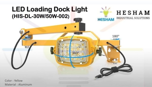 • Model : HIS-DL-30W/50W-002• Light Source Wattage : 30W/50W• LED Loading dock light is IP65 waterproof rated,suitable for both wet and damp locations.• Safety yellow rugged cast aluminum housing.• Come with an on/off switch on the light head foreasy operation.• High light transmittance PC cover.• Anti-corrosion stainless steel cage with goodimpact resistance.• High reliable constant current LED driver.• Available in multiple swing brackets optional.• ISO/CE/RoHS approved.• >50.000 hours lifespan
