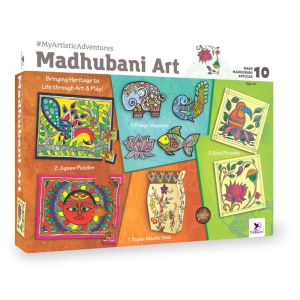 Discover the beauty of Indian heritage with our Madhubani Art and Craft Kit, perfect for children aged 9-12!This all-in-one kit lets kids explore the vibrant world of Madhubani art through fun, hands-on activities. Craft a Papier Mache vase, decorate picture frames with colorful sand art, and paint on sun board cutouts to create stunning fridge magnets. The kit also includes two puzzles featuring authentic Madhubani designs. It’s a wonderful way for kids to learn about traditional art forms while developing their creativity and fine motor skills.Ideal as a unique gift for both girls and boys, this kit provides hours of educational and creative fun!Find all your art supply needs in one place! THE ART CITY IN GOREGAON WEST SHOP NO .7 SNEHDEEP CHS . VIDHAYANIKETAN MARG ROAD NO 17, M.G.ROAD GOREGAON WEST - 400 104. website - theartcity.net People also buy from.. CONTECT - 9029548319 - 8169633825