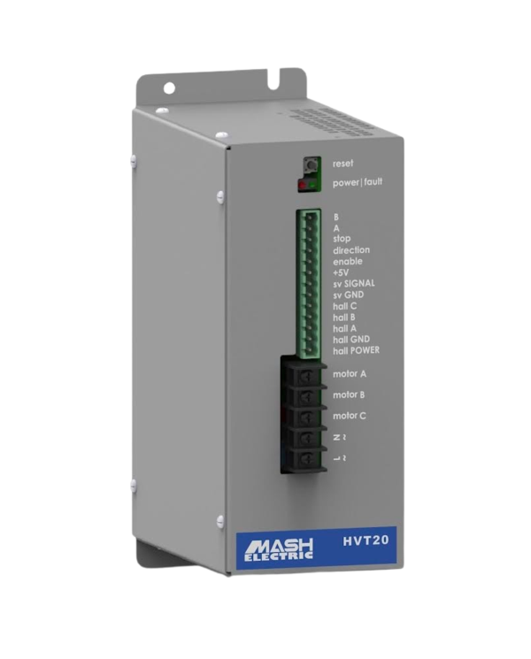 HVT20 is a high voltage powerful permanent magnet brushless motor controller for high efficiency and torque.Brushless motor controller upto 2200W. Equipped with advanced motor control algorithms for precise speed control of the motor.Integrated with in-built PID control.VOLTAGE: Upto 230VAC single phaseCURRENT: Upto 7ARPM RANGE: Upto 60000 COMMUNICATION: RS-485 MODBUS, MASH PROTOCOL