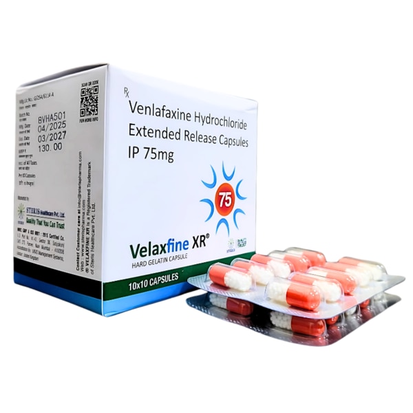 VELAXFINE XR 75 is an extended-release formulation of Venlafaxine Hydrochloride 75 mg, a well-established serotonin-norepinephrine reuptake inhibitor (SNRI) used primarily to treat major depressive disorder (MDD), generalized anxiety disorder (GAD), social anxiety disorder (SAD), and panic disorder. With its gradual release mechanism, this medication helps maintain consistent therapeutic levels throughout the day, providing effective relief from mood and anxiety symptoms with reduced dosing frequency.Key Benefits:Effectively treats major depressive disorder (MDD).Helps manage generalized anxiety disorder (GAD) and panic attacks.Reduces symptoms of social anxiety disorder (SAD).Supports emotional balance and improves mental clarity.Promotes better sleep, energy levels, and concentration.Extended-release formulation offers convenience and improved tolerability.How Does It Work?VELAXFINE XR 75 works by increasing the levels of serotonin and norepinephrine, two natural chemicals in the brain that are crucial for maintaining mental balance. As an SNRI, Venlafaxine blocks the reabsorption (reuptake) of these neurotransmitters in the brain's synaptic clefts. By enhancing their availability, it helps improve mood, reduce anxiety, and alleviate emotional stress.The extended-release formulation ensures a gradual and consistent release of the active ingredient over 24 hours, maintaining stable blood levels and reducing the risk of side effects such as nausea or dizziness that can occur with immediate-release forms.Directions for Use:.Take VELAXFINE XR 75 exactly as prescribed by your healthcare provider.Usually taken once daily, with food, to reduce the risk of gastrointestinal discomfort.Swallow the capsule whole with a glass of water-- do not crush, chew, or open the capsule.Consistency is key; take it at the same time each day.Do not suddenly stop taking this medication without medical advice, as it may lead to withdrawal symptoms.Regular follow-ups with your doctor are recommended to monitor progress and adjust dosage if necessary.Side Effects:.While VELAXFINE XR 75 is effective for many patients, it may cause side effects in some individuals.Common Side Effects:.Nausea or upset stomach.Drowsiness or insomnia.Dry mouth.Dizziness.Sweating.Loss of appetite.Increased blood pressure (especially at higher doses).Serious but Less Common Side Effects:.Suicidal thoughts or behavior (especially in young adults).Serotonin syndrome (confusion, rapid heartbeat, hallucinations).Seizures.Eye pain or vision changes (angle-closure glaucoma).Withdrawal symptoms upon abrupt discontinuation (headache, mood swings, fatigue).Notify your doctor immediately if you experience mood changes, unusual behavior, or allergic reactions such as rash, swelling, or difficulty breathing.