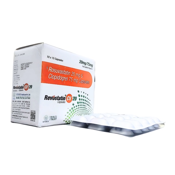REVOSTATIN CV 20 is a powerful combination therapy containing Rosuvastatin (20 mg) and Clopidogrel (75 mg), specifically formulated to manage high cholesterol levels and prevent cardiovascular events such as heart attacks and strokes. This dual-action tablet is commonly prescribed for individuals at high risk of atherosclerotic cardiovascular disease (ASCVD). It helps reduce LDL cholesterol, prevent plaque buildup, and inhibit blood clot formation, offering comprehensive protection for heart and blood vessel health.Key Ingredients:Rosuvastatin (20 mg):.A potent statin (HMG-CoA reductase inhibitor) that lowers