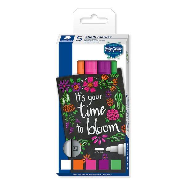 STAEDTLER, Chalk Marker - LUMOCOLOR | Set of 5 | ~ 2.4 mm.For opaque writing, decorating and designing on smooth surfaces such as (dark) boards, glass, windows, mirrors etc.Low-odour, water-based liquid chalkCan be easily wiped off nearly all smooth surfaces using a damp clothHigh colour brilliancySome colours fluoresce under UV light (colour code -20, -4, -5)Line width approx. 2.4 mm