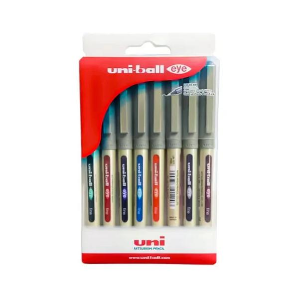 Uniball Eye Liquid Ink Rollerball PenThe Uni-ball Eye Liquid Ink Rollerball Pen is a top-of-the-line writing instrument that delivers an exceptional writing experience. Its advanced liquid ink technology and fine point tip make it perfect for everyday writing tasks, while its sleek design and comfortable grip ensure that it looks and feels great in your hand.The Uni-ball Eye Liquid Ink Rollerball Pen has its liquid ink technology. The ink flows smoothly and evenly onto the page, providing a consistent and vibrant writing experience. This advanced ink also dries quickly, preventing smudging and ensuring that your writing stays crisp and clear.The Fine point tip of the Uni-ball Eye Liquid Ink Rollerball Pen provides a precise and controlled writing experience, making it ideal for note-taking, drafting, and other everyday writing tasks. Its water-resistant ink also makes it a great choice for artists and designers who need a reliable pen for their work.Pack of 8