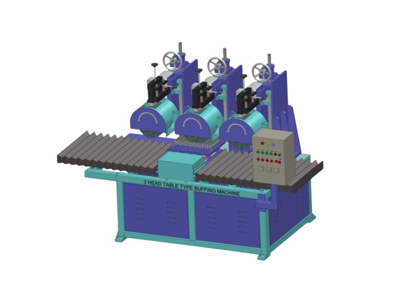 Top 3 Head Table Type Buffing Machine Manufacturers & Suppliers in India.At Innovative Technologies, we believe surface finishing should be efficient, consistent, and precise. That’s exactly what our 3 Head Table Type Buffing Machine delivers. Built for businesses that demand high-quality output, this machine combines smart automation with rugged engineering to ensure every piece receives a flawless buffed finish.Whether you're working with metal components, accessories, or decorative pieces, this equipment is designed to handle it all—with speed, precision, and reliability.Key ApplicationsOur 3 Head Table Type Buffing Machine is widely used in industries such as:•	Metal polishing and hardware finishing•	Automotive accessories and small components•	Decorative item manufacturing•	Belt buckles, handles, fittings, and more•	High-precision electroplated goodsIf you’re polishing high volumes and need consistent quality, this machine is an ideal addition to your workflow.Technical Specifications•	Buffing Heads: 3 independent heads for sequential polishing•	Brush Types: Sisal, Hard Buff, and Soft Buff – adaptable to different surfaces and shine requirements•	Electric Motor: 3 motors (3 H.P each), ensuring powerful and balanced rotation•	Gear Motor with AC Drive: 1 H.P for smooth and controlled brush motion•	Table Size: 400mm x 475mm, with oscillation movement for uniform coverage•	Brush Size: OD 300mm x 200mm•	Digital Pressure Meter: Real-time pressure monitoring for safety and quality control•	Buffing Speed: Up to 160 pieces per 5 minutes (ideal for small metal goods)•	Automated Table Movement: Forward and reverse with linear guide for precision alignment•	Machine Size: 1900mm (L) x 1400mm (W) x 1850mm (H)•	Weight: Approx. 2 Ton•	Inbuilt Electric Panel: Seamless operation and safety integration•	Manual Luster System: Gives you full control over finishing textureBenefits to Your Business•	High Productivity: Buffs large volumes quickly, maximizing your output.•	Consistent Finish: Three-step buffing ensures uniform polish across every unit.•	Reduced Labor: Semi-automatic system minimizes manual handling while maintaining operator control.•	Compact and Efficient: Space-saving design fits neatly in most manufacturing floors.•	Customizable Build: We tailor every machine to suit your specific needs—brush size, motor specs, table configuration, and more.•	Durable Construction: Built with premium-grade components for long-term, heavy-duty use.Why Choose Innovative Technologies?We’re not just manufacturers—we’re solution providers. Innovative Technologies is a recognized name among Indian and international manufacturers and exporters for advanced polishing equipment. Our expertise lies in custom machinery that aligns with your product, process, and pace.From belt buckles to decorative metal fittings, we’ve helped dozens of industries streamline their surface finishing operations with our specialized machines.Want a polishing solution that works as hard as you do?Get in touch with Innovative Technologies to learn more about our 3 Head Table Type Buffing Machine. Request a quote, ask about customization, or book a demo today.