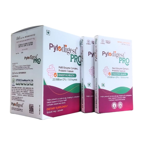 PYLODIGEST PRO is a scientifically formulated supplement that combines the power of a Multi Enzyme Complex with the benefits of Probiotic Capsules to promote optimal digestive health. Designed to support a healthy gut environment, it aids in efficient digestion, nutrient absorption, and maintaining the natural balance of good bacteria in the intestines. Ideal for individuals experiencing digestive discomfort, bloating, irregular bowel movements, or those aiming to enhance their overall gastrointestinal wellness.Key BenefitsSupports complete digestion of carbohydrates, proteins, fats, and fibersHelps reduce bloating, gas, and indigestionRestores and maintains a healthy gut microbiomeBoosts immune function through improved gut healthEnhances nutrient absorption and overall energy levelsAids in managing gut-related issues like constipation, diarrhea, and irritable bowel syndrome (IBS)Promotes overall gastrointestinal comfort and wellnessHow Does It Work?PYLODIGEST PRO works through a synergistic combination of enzymes and probiotics:The Multi Enzyme Complex initiates and enhances the breakdown of different food components into simpler, absorbable forms, easing the workload of the digestive system and preventing discomfort after meals.The Probiotics recolonize the gut with beneficial bacteria, which help in fermenting undigested food, producing essential vitamins, protecting against harmful bacteria, and modulating immune responses.Together, they ensure smoother digestion, better gut health, and improved systemic wellness.Directions for UseTake one capsule of PYLODIGEST PRO daily, preferably with meals or as directed by your healthcare provider.Swallow the capsule whole with water; do not chew or crush it.For best results, incorporate into your daily routine alongside a balanced diet.Consult your healthcare provider before use if you are pregnant, nursing, or taking other medications.Side EffectsPYLODIGEST PRO is generally safe and well-tolerated. However, some individuals might experience mild side effects, especially when starting probiotics or enzyme supplementation:Common Side Effects:Mild bloating or gasTemporary digestive discomfortChanges in stool consistencyRare Side Effects:Allergic reactions like rash or itchingSevere abdominal discomfort (seek medical advice if this occurs)If any side effects persist or worsen, discontinue use and consult your healthcare professional.